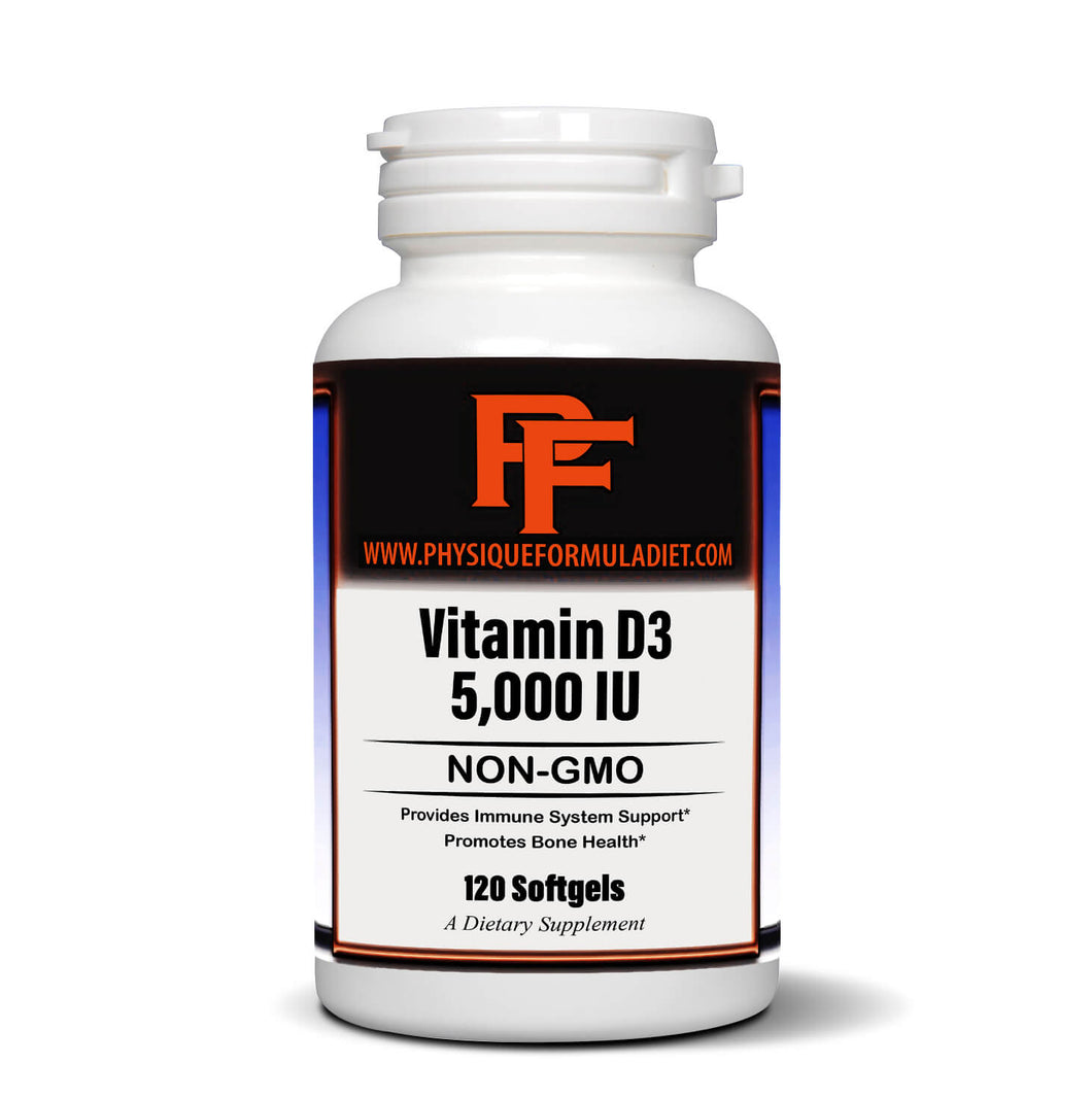 Physique Formula Vitamin D3 5000 IU (125 mcg) in Olive Oil All Natural Non-GMO Vitamin D3 Softgels to Support Muscle, Bone,& Immune System Health